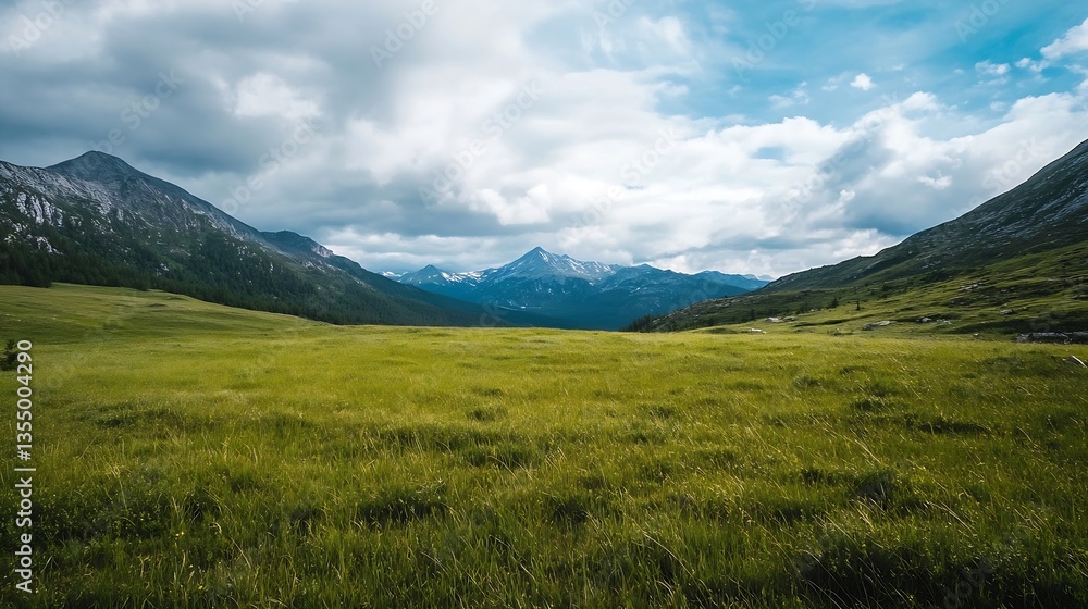 Poster lush green meadow surrounded by majestic mountains under a cloudy sky in a tranquil setting : genera