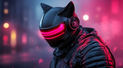 Naklejka premium A man in a black cat mask with red lights on his head
