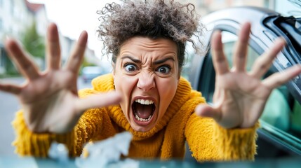 A woman with her hands outstretched in front of a car