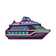 Design a futuristic cruise ship, sleek and vibrant, illuminated by neon pink, blue, and green lights.  Show advanced technology and luxurious amenities.