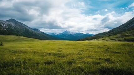 Fototapeta premium Lush green meadow surrounded by majestic mountains under a cloudy sky in a tranquil setting : Generative AI