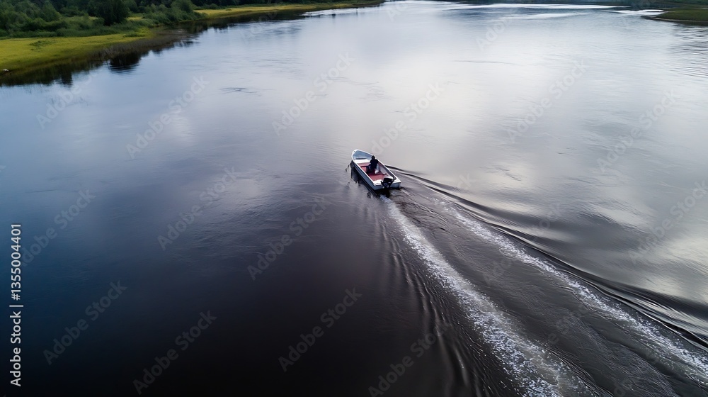 Aufkleber aerial view of a motorboat navigating through calm waters in a scenic landscape surrounded by greene