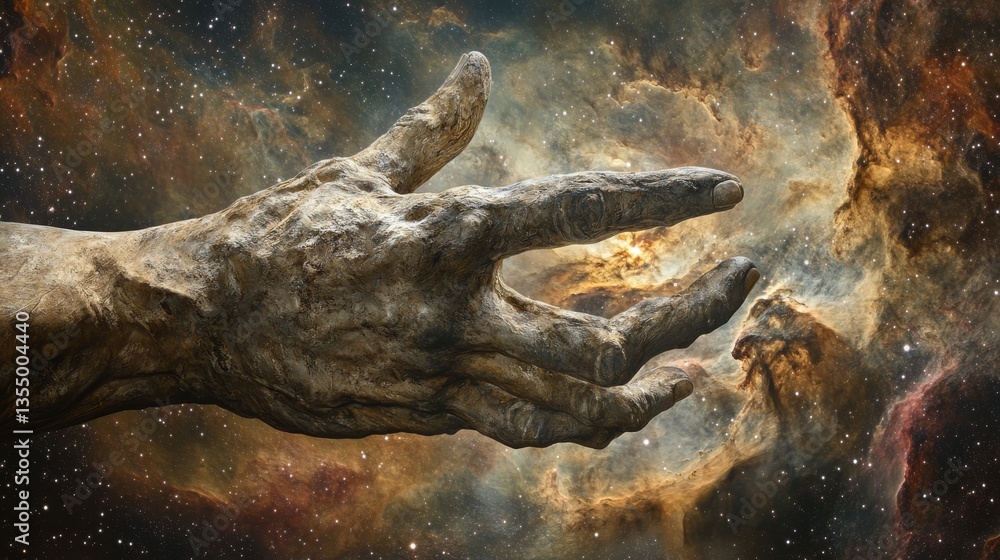 Aufkleber a stone-like hand emerges from cosmic nebulae, creating a surreal image that merges elements of anci
