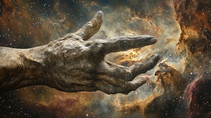 A stone-like hand emerges from cosmic nebulae, creating a surreal image that merges elements of ancient sculpture with the vastness of space. Ideal for themes on creation, universe mysteries, and
