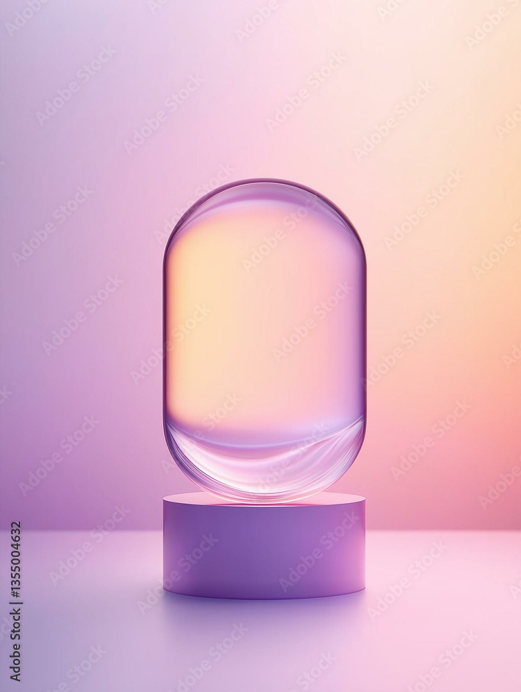 Poster 3d rendering of a spherical object on a purple pedestal. the object appears to be made of glass or a