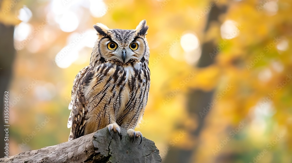 Poster majestic owl perched on a tree stump with autumn leaves and warm colors in the background : generati