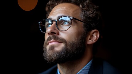 Fototapeta premium Man gazing, glasses, city night, pensive, portrait