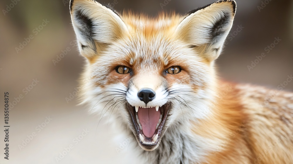 Poster vivid closeup of a fox showing teeth and fierce expression in a playful manner : generative ai