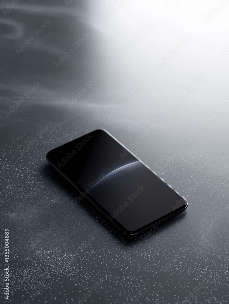 Poster close-up of a black smartphone lying on a textured surface. the phone is in the center of the image,