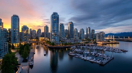 Fototapeta premium Dramatic City Skyline at Sunset with Glowing Oceanfront View : Generative AI