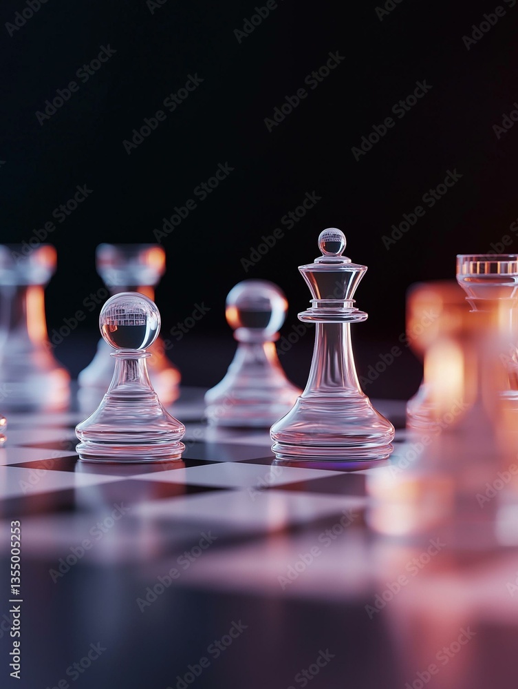 Aufkleber group of chess pieces on a chessboard. the pieces are made of transparent glass and are arranged in 