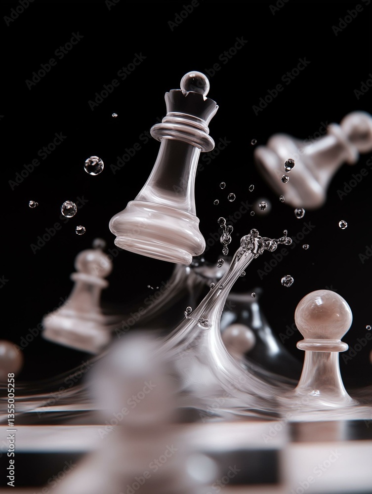 Poster close-up of a chessboard with several chess pieces scattered around it. the background is black, and