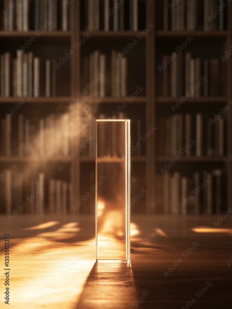 Poster tall, cylindrical object standing on a wooden floor in front of a bookshelf. the object appears to b