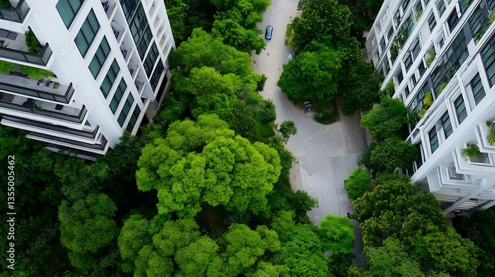Aufkleber aerial view of vibrant green trees surrounding a modern urban scene with pathways and buildings : ge