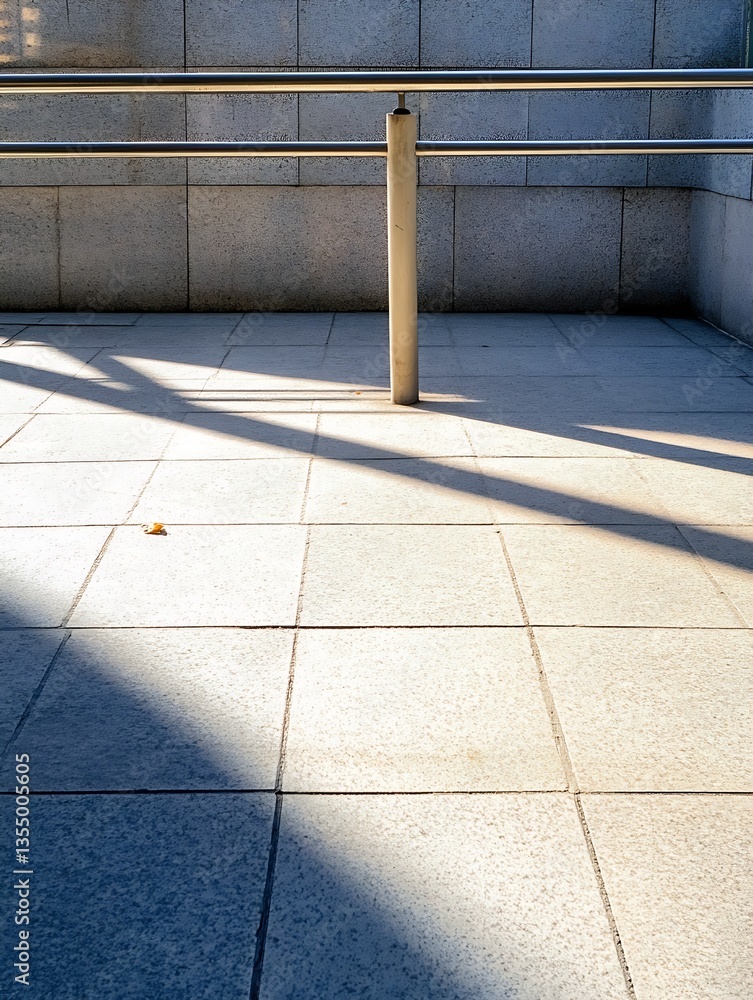 Poster Abstract image of a sunny outdoor pathway with shadows and textured tiles in a modern urban environment : Generative AI