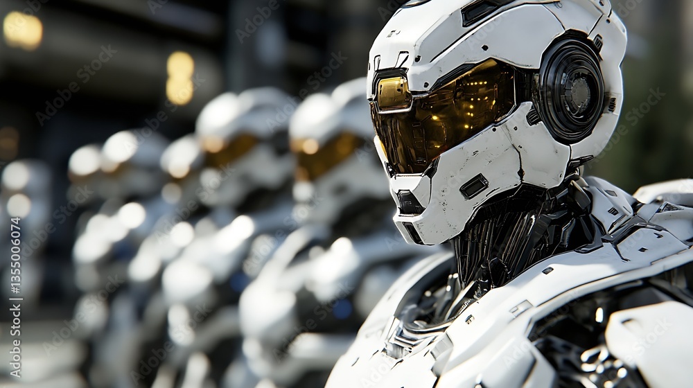 Poster Futuristic Robotic Figures in a Row Displaying Advanced Technology and Design Aesthetics : Generative AI