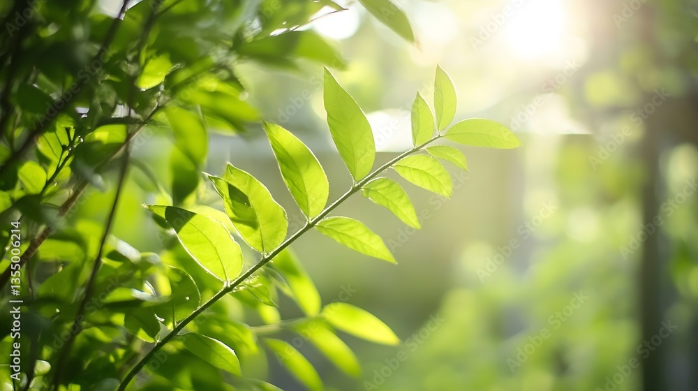 Poster sunlit green leaves creating a peaceful atmosphere in nature : generative ai