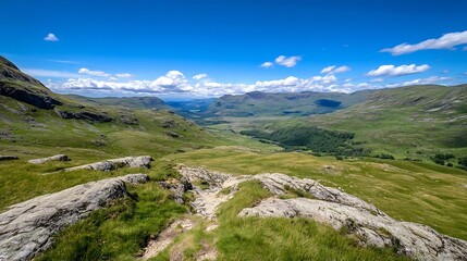 Fototapeta premium Breathtaking landscape view of a lush green valley amidst majestic mountains under a clear blue sky : Generative AI