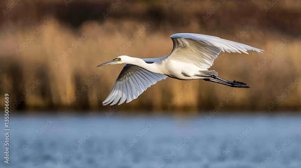 Aufkleber graceful white heron soaring over a tranquil lake capturing the essence of nature in flight : genera