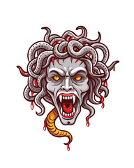 A horrifying Gorgon, serpentine hair matted with blood,  visceral detail showcasing decaying flesh and exposed bone, a truly grotesque depiction.