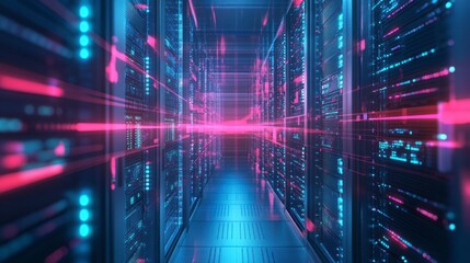 Futuristic server room interior with glowing data streams.