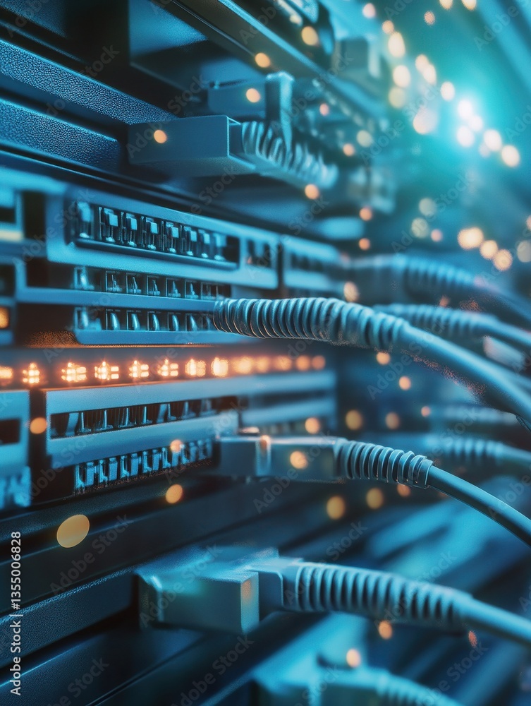 Poster close-up of data cables connected to a server. concept of high-speed internet, data transfer, and mo