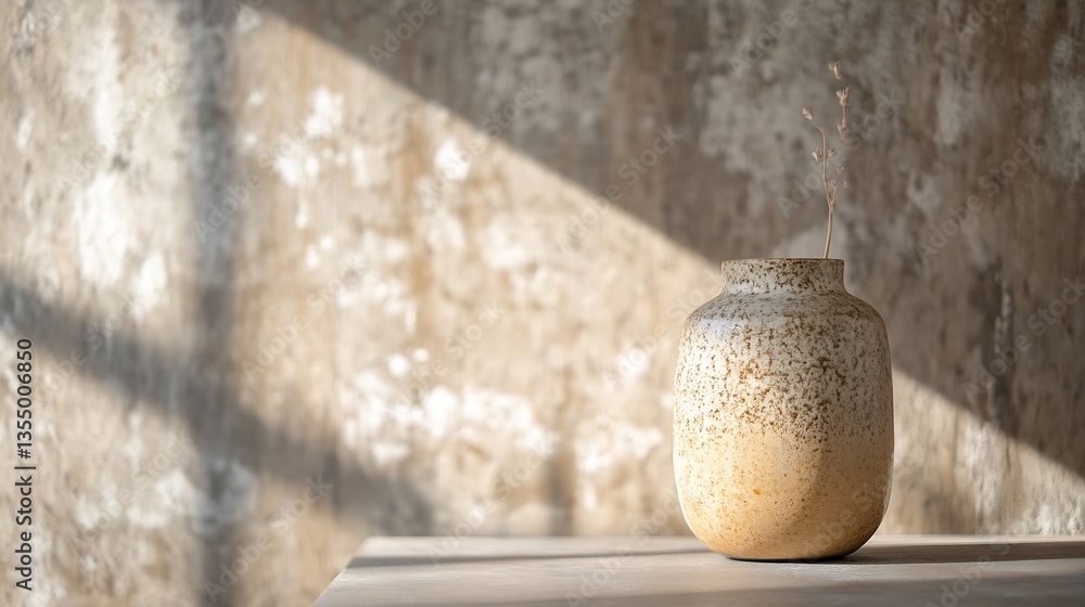 Poster elegant beige ceramic vase casting soft shadows on a textured wall in natural light : generative ai