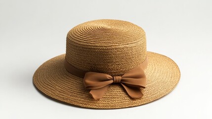 Women's straw hat isolated, featuring a round crown with a ribbon detail and natural straw textures, set on a smooth white background for a minimalist look.