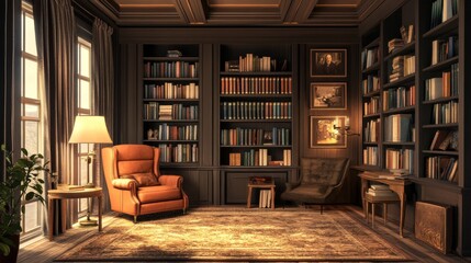 A warm and inviting home library with an armchair, surrounded by bookshelves filled with books. The space exudes comfort and sophistication, ideal for literature and home decor concepts.. AI