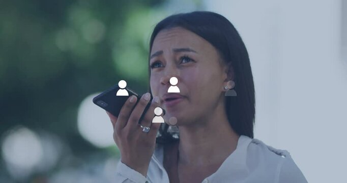 Using smartphone with animation of social media icons, worried woman outdoors
