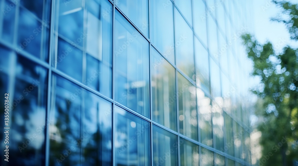 Poster modern glass building reflecting surrounding greenery on a bright sunny day showcasing architecture 