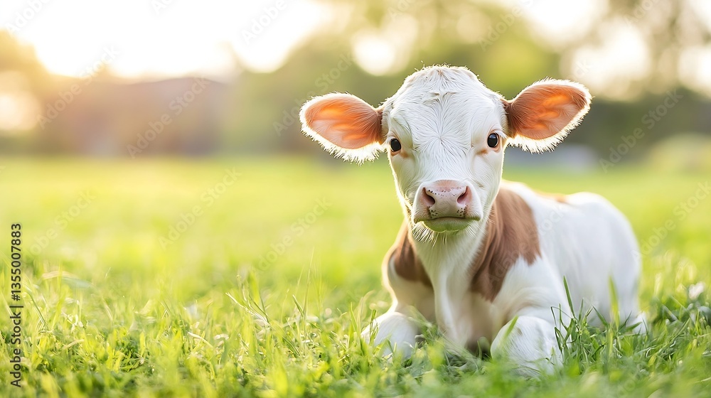 Poster cute calf resting on green grass in a peaceful rural setting during golden hour : generative ai