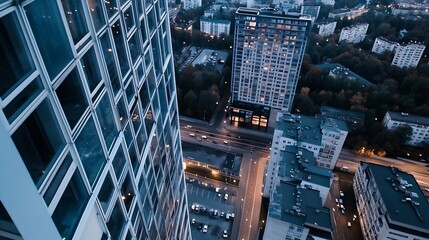 Fototapeta premium Aerial view of urban cityscape at twilight showcasing glow of buildings and streets below : Generative AI