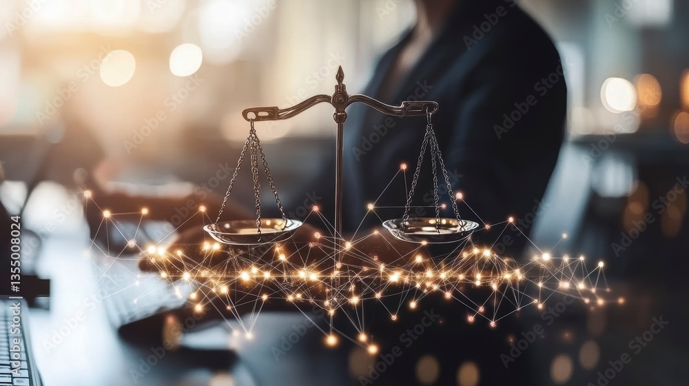 Poster lawyer working at computer with scales of justice and network connections.