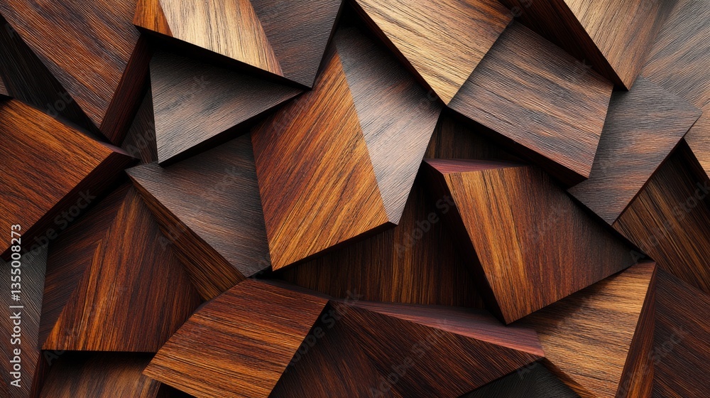 Poster close-up of triangular wooden panels arranged in an abstract pattern with rich brown and amber hues.