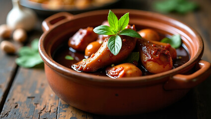 Delicious traditional dish with herbs served in a clay pot  
