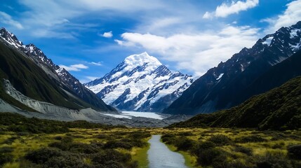 Majestic snowcapped mountains with lush green valley beneath bright sky : Generative AI
