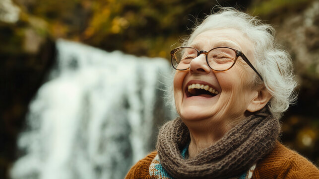 Joyful elderly woman laughing at waterfall nature park portrait photography outdoor close-up happiness