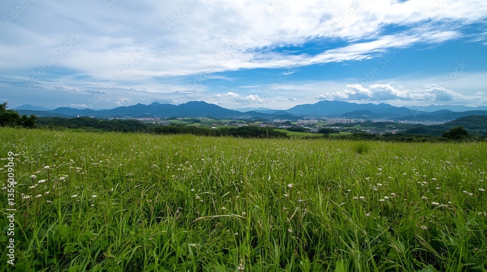 Poster expansive green meadow under a bright blue sky with mountains in view : generative ai