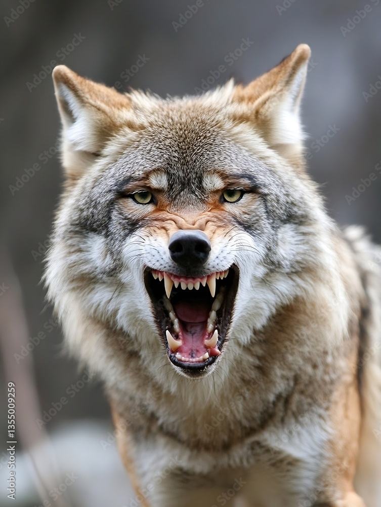 Poster fierce and aggressive wolf showing teeth and growling in a powerful stance : generative ai