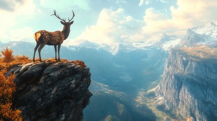 Obraz premium Deer On Cliff Overlook Landscape Nature Image