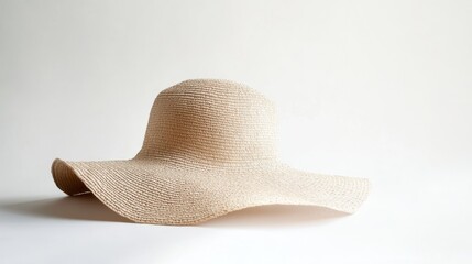 Women's straw hat isolated in a minimalist design, featuring a floppy brim and soft natural textures, set on a clean white background for simplicity.