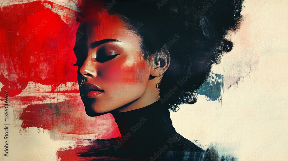 Poster A striking portrait of a woman painted in bold, contrasting colors. The piece captures intense emotion and artistic expression with dynamic brushwork and a contrasting background of red and white.. AI