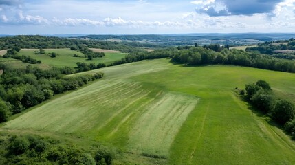 Obraz premium Aerial View of Lush Green Fields and Rolling Hills Under a Cloudy Sky : Generative AI