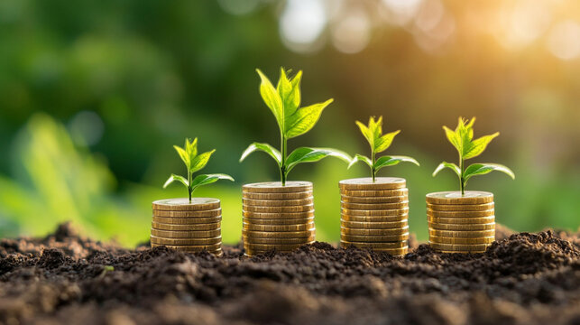 A collection of coins with young plants growing from them, symbolizing financial growth and sustainability in a vibrant, green environment.