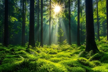 Fototapeta premium Sunlight Piercing the Forest Canopy