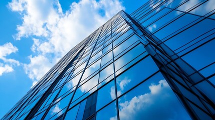 Obraz premium Modern Glass Skyscraper Reaching Towards the Sky Reflecting Clouds and Blue Atmosphere : Generative AI