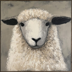 Close-up painting of a sheep's head, rendered in neutral tones with heavy brushstrokes on a square canvas in a simple wooden frame.