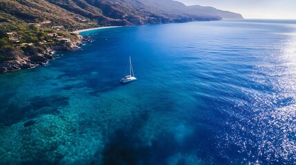 Serene Aerial View of a Sailboat in Crystal Clear Waters Surrounded by Lush Green Hills : Generative AI