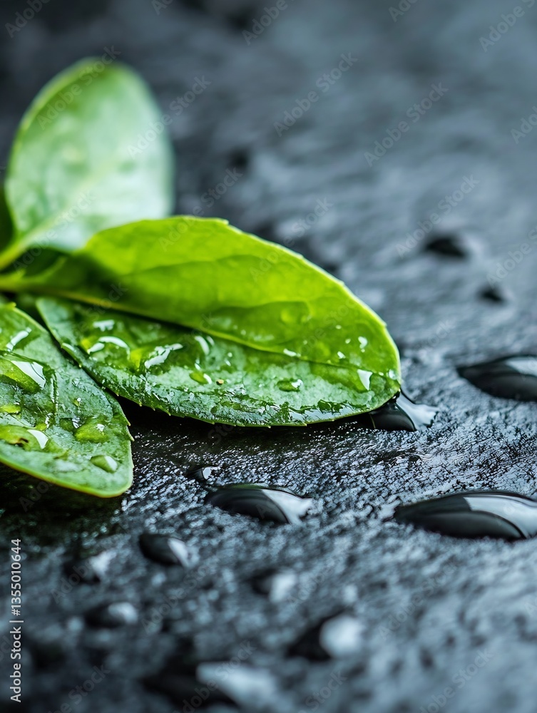 Poster vivid green spinach leaves with droplets of water on a dark textured surface : generative ai